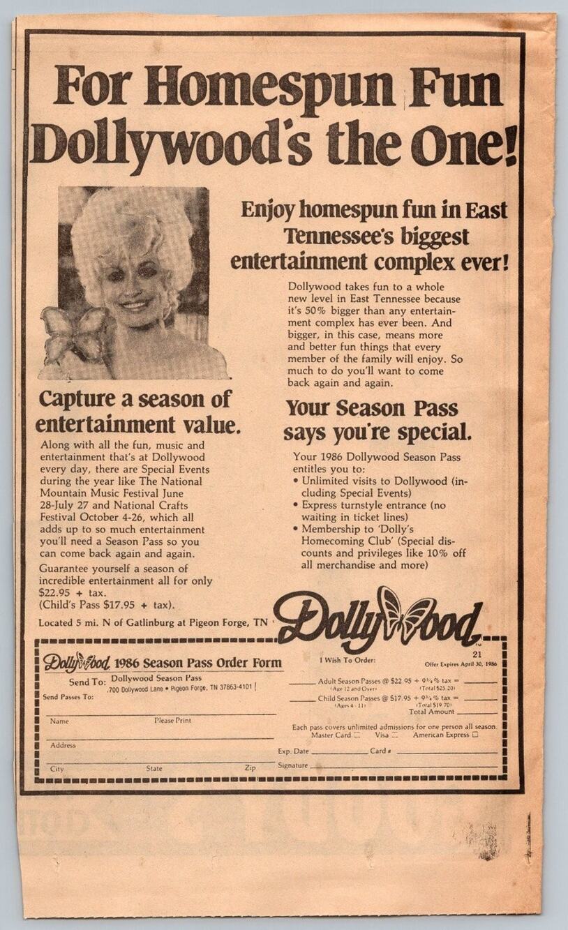 1986 Dollywood Season Pass Ad Dolly Parton Pigeon Forge TN Ephemera Homespun Fun